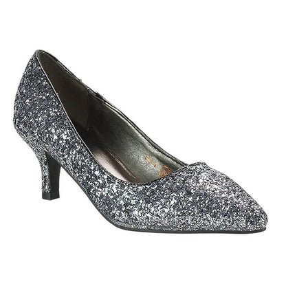 Black - Front - XY London Womens-Ladies Gwyneth Glitter Kitten Heel Court Pumps