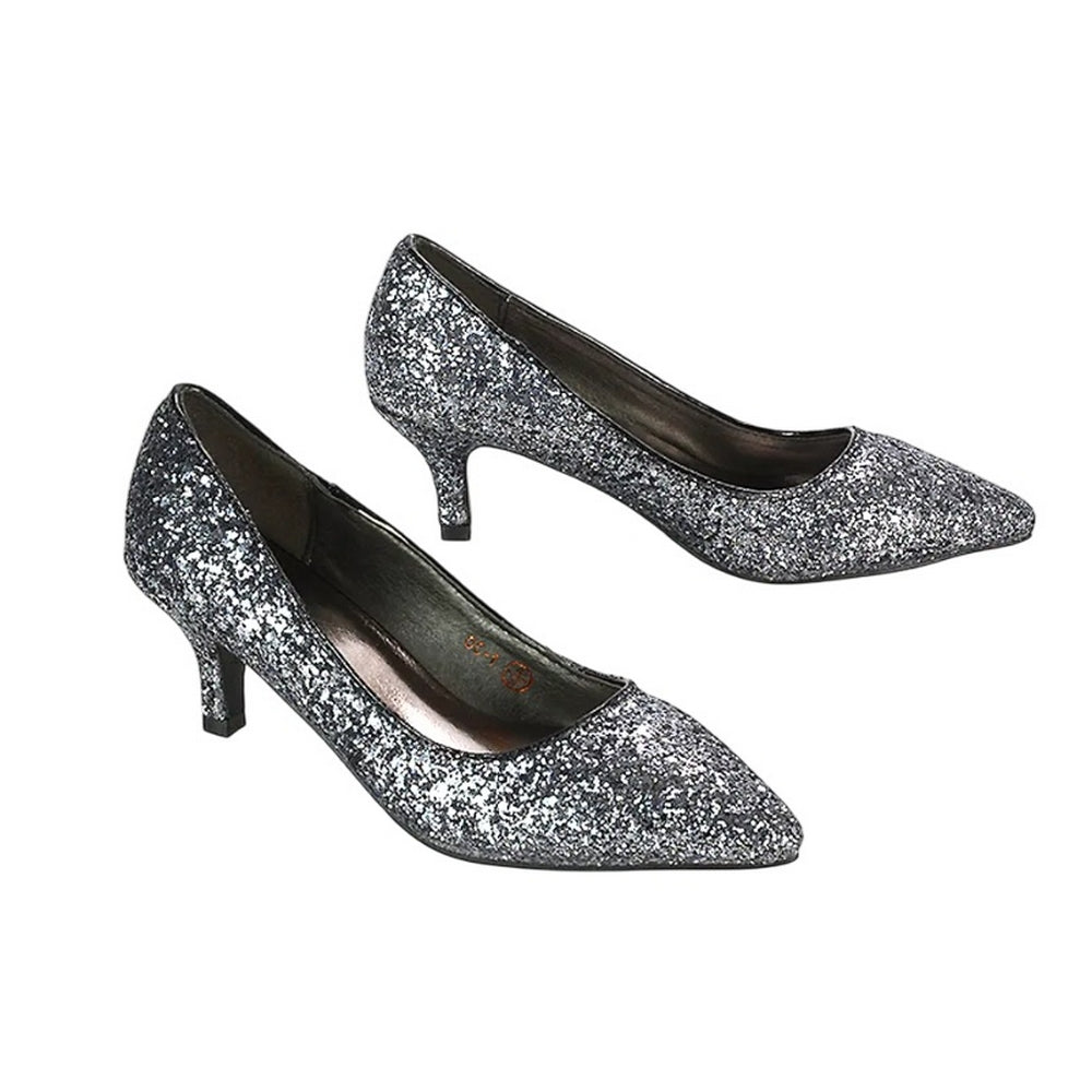 Black - Lifestyle - XY London Womens-Ladies Gwyneth Glitter Kitten Heel Court Pumps
