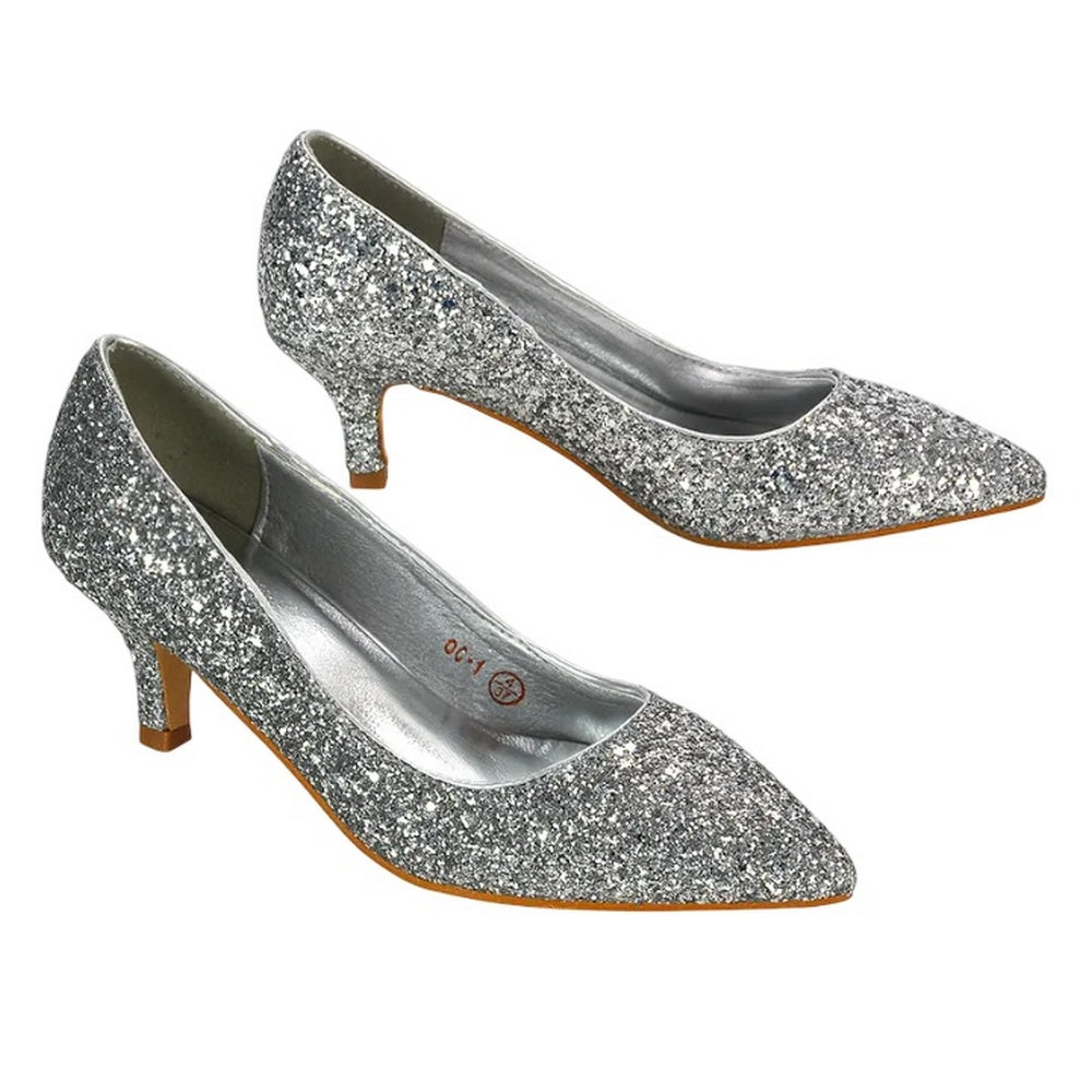 Silver - Lifestyle - XY London Womens-Ladies Gwyneth Glitter Kitten Heel Court Pumps