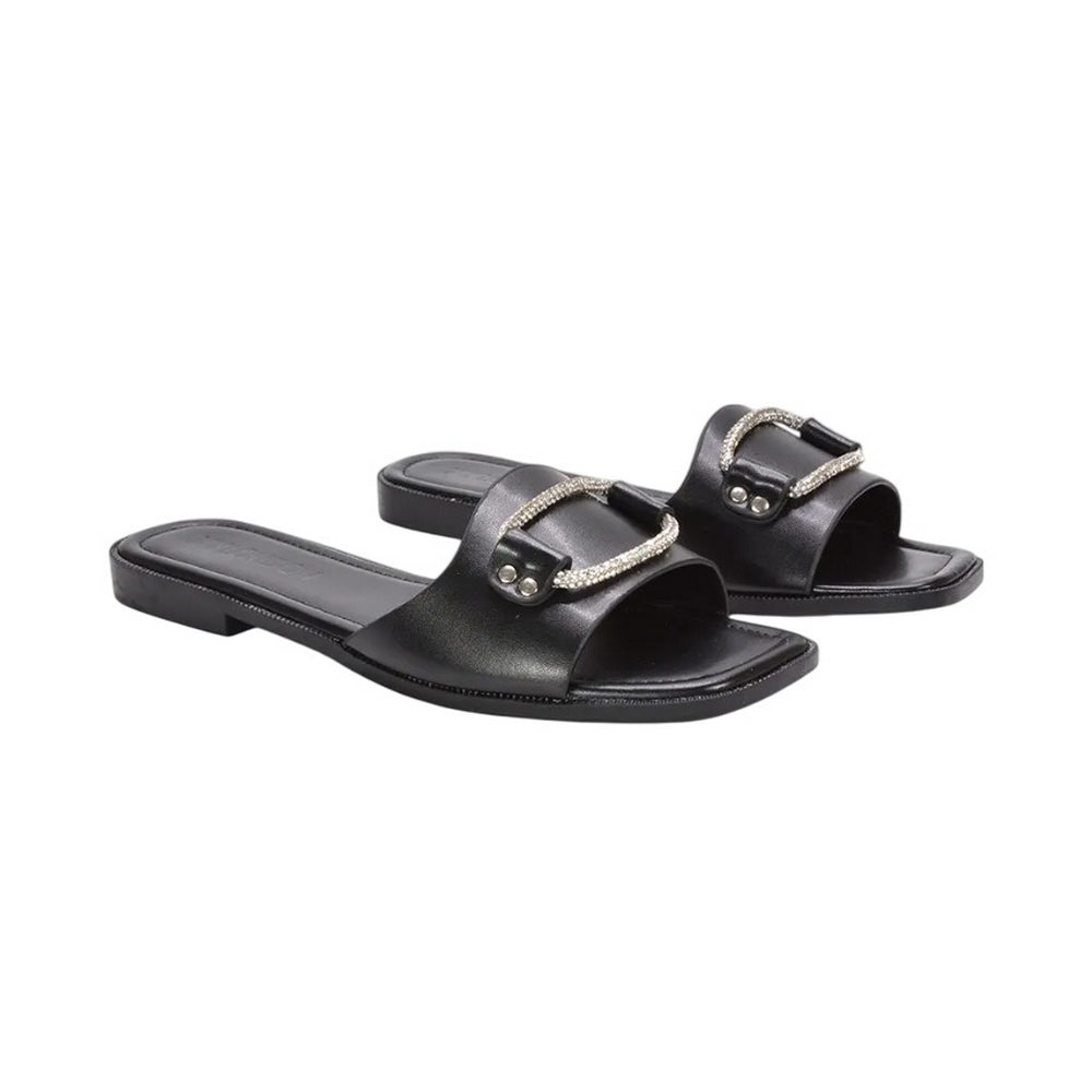Black - Side - XY London Womens-Ladies Annie Sparkle Diamante Flat Sliders