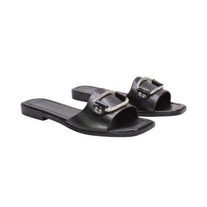 Black - Side - XY London Womens-Ladies Annie Sparkle Diamante Flat Sliders