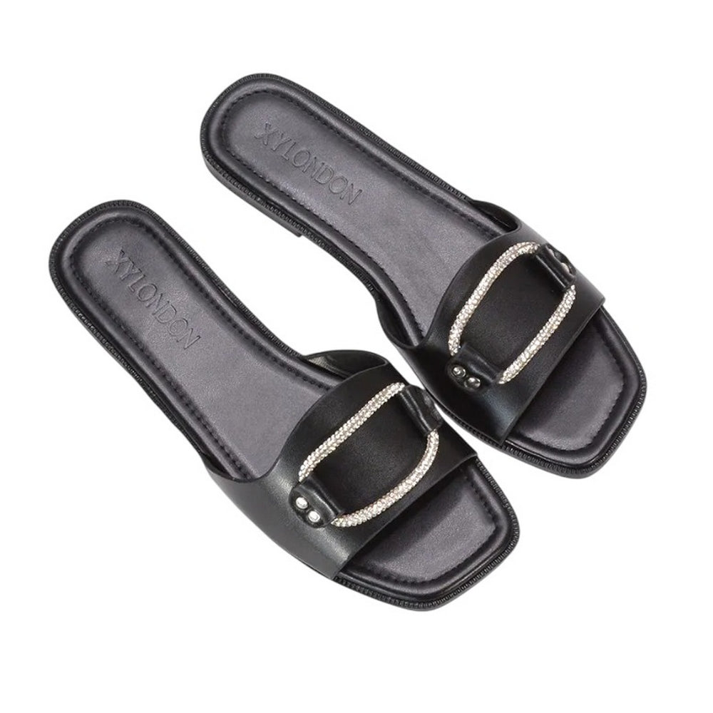 Black - Lifestyle - XY London Womens-Ladies Annie Sparkle Diamante Flat Sliders