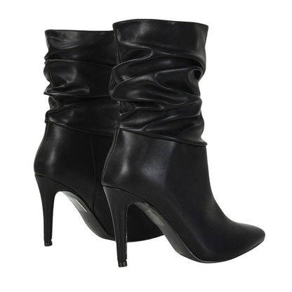 Black - Back - XY London Womens-Ladies Velma Ruched Pointed High Stiletto Heel Mid Boots
