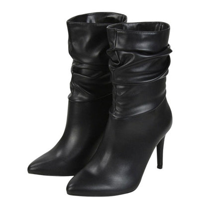 Black - Pack Shot - XY London Womens-Ladies Velma Ruched Pointed High Stiletto Heel Mid Boots