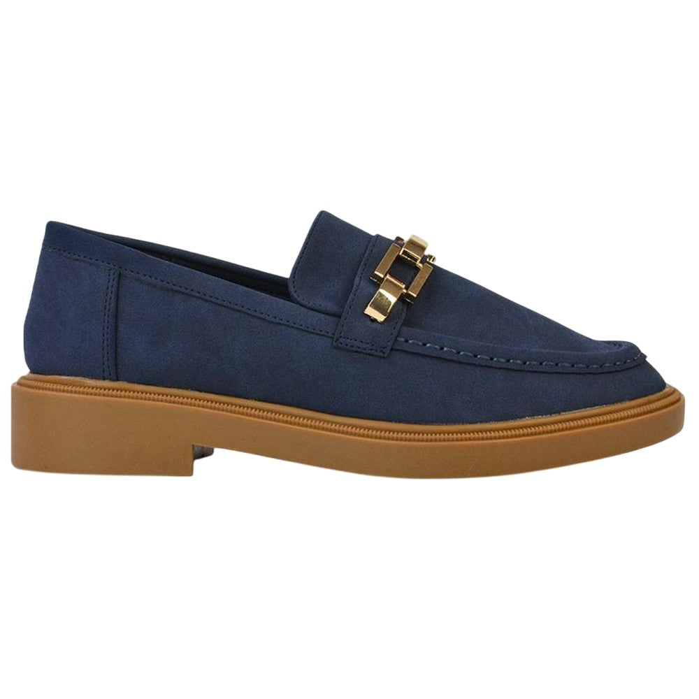 Navy - Side - XY London Womens-Ladies Dakoa Chain Detail Loafers
