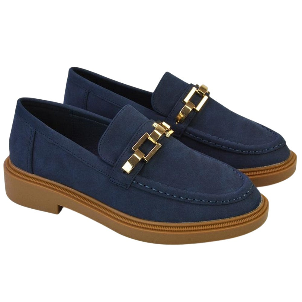 Navy - Front - XY London Womens-Ladies Dakoa Chain Detail Loafers