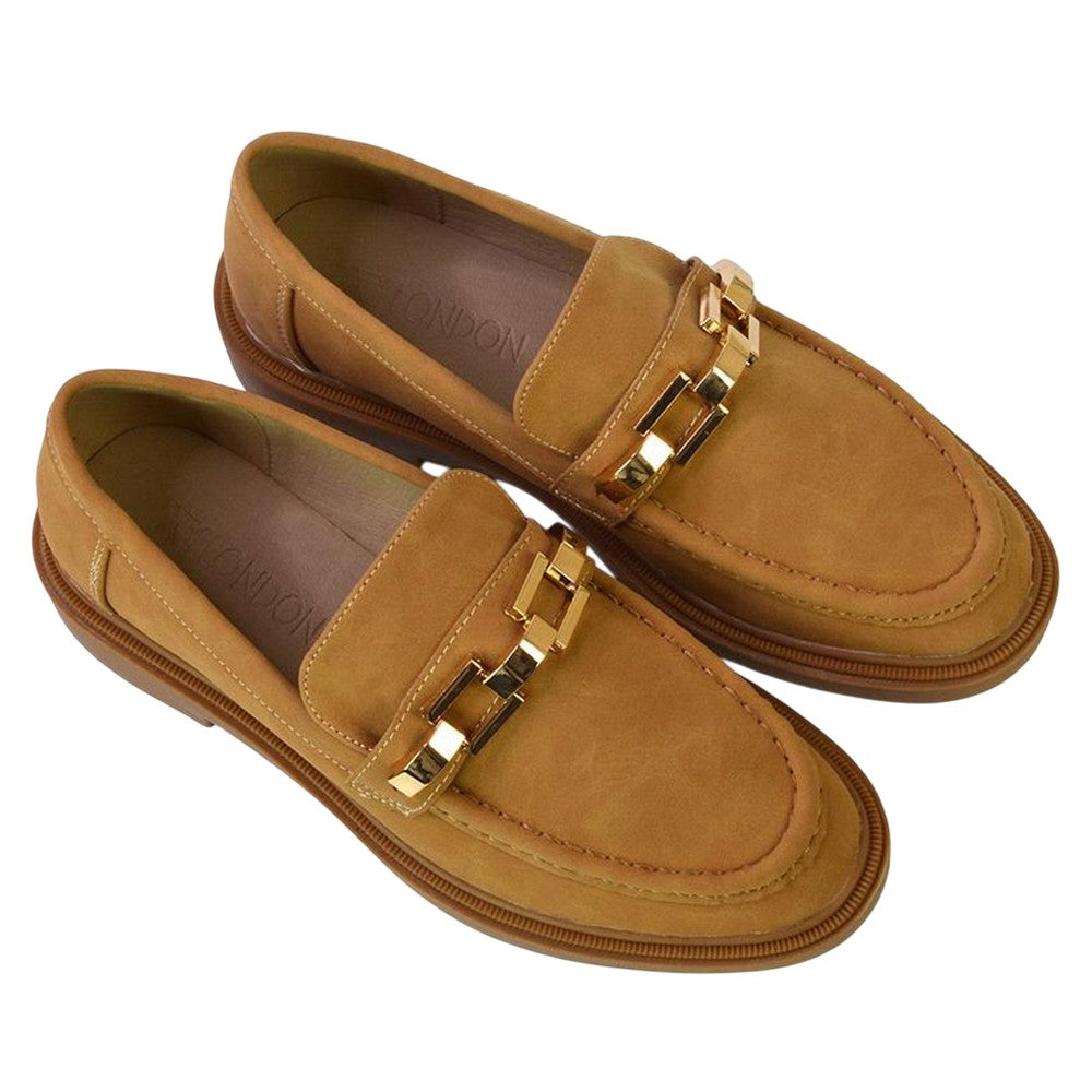 Tan - Pack Shot - XY London Womens-Ladies Dakoa Chain Detail Loafers
