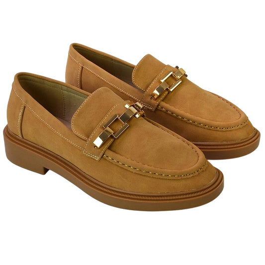 Tan - Front - XY London Womens-Ladies Dakoa Chain Detail Loafers