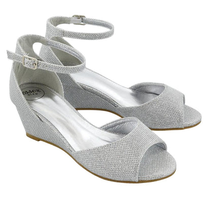 Silver - Side - XY London Womens-Ladies Lottie Peep Toe Wedge Sandals