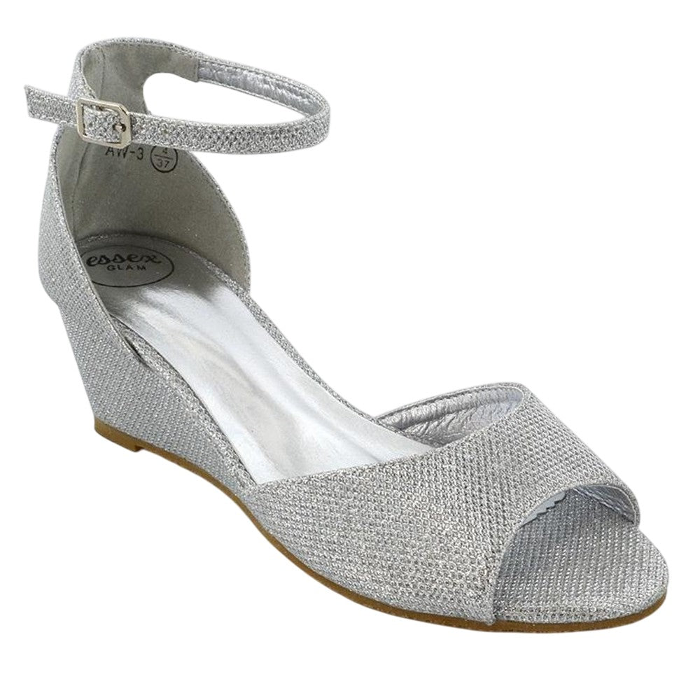 Silver - Front - XY London Womens-Ladies Lottie Peep Toe Wedge Sandals