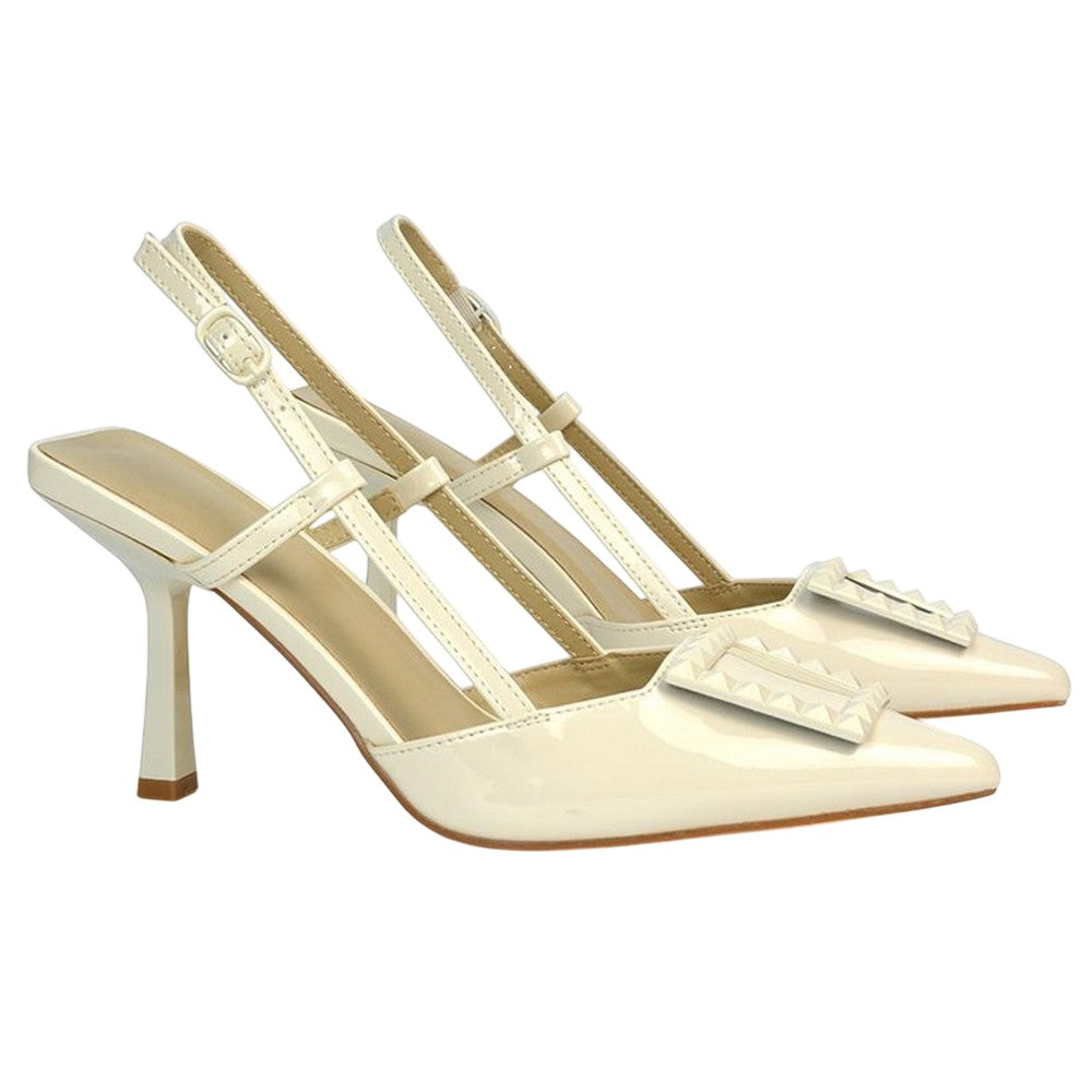 Beige - Pack Shot - XY London Womens-Ladies Carrie Sling Back Mid Stiletto Court Shoes