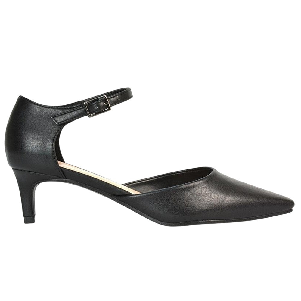 Black - Side - XY London Womens-Ladies Kacey Ankle Strap Kitten Heel Court Shoes