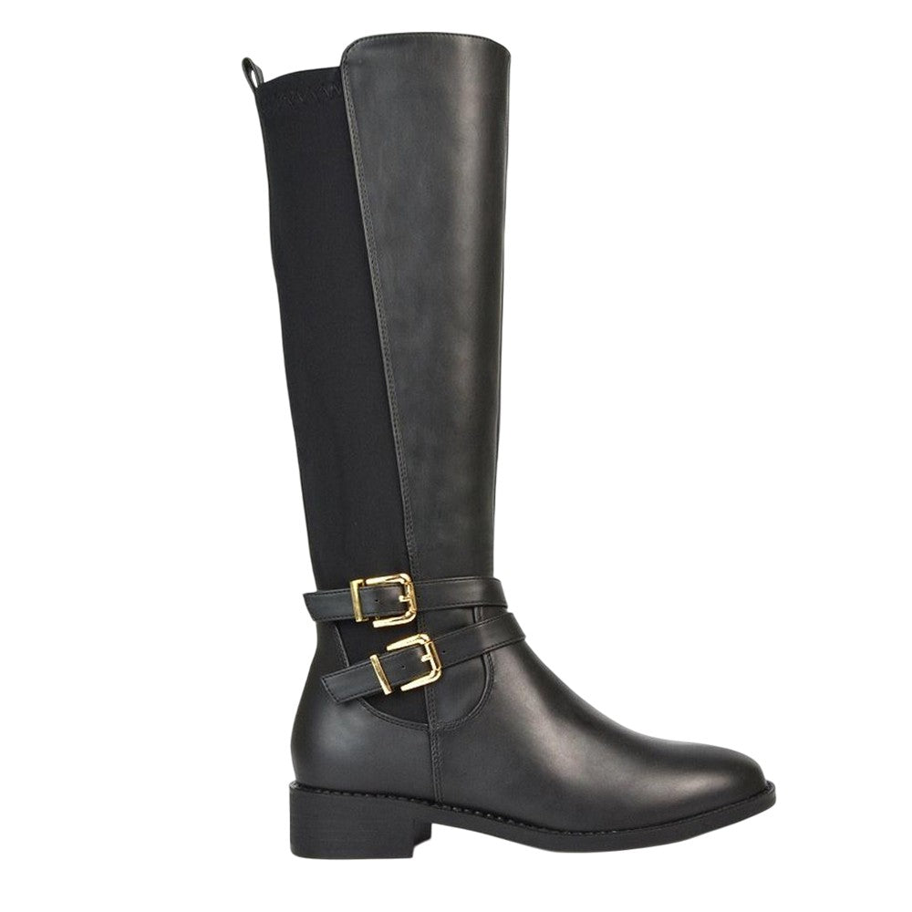 Black - Side - XY London Womens-Ladies Charlie Stretch Side Zip Flat Knee-High Boots
