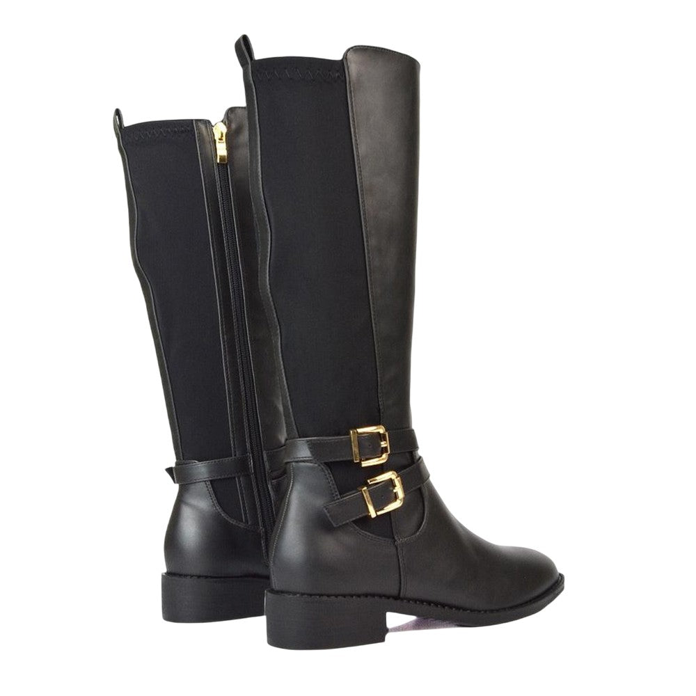 Black - Back - XY London Womens-Ladies Charlie Stretch Side Zip Flat Knee-High Boots