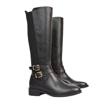 Black - Pack Shot - XY London Womens-Ladies Charlie Stretch Side Zip Flat Knee-High Boots