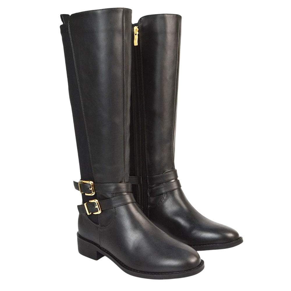 Black - Front - XY London Womens-Ladies Charlie Stretch Side Zip Flat Knee-High Boots