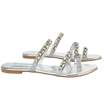 Silver - Side - XY London Womens-Ladies Sammie Crystal Sparkly Toe Post Strappy Flat Sandals