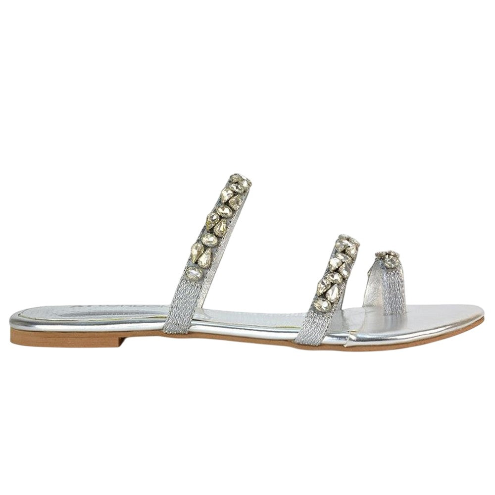 Silver - Back - XY London Womens-Ladies Sammie Crystal Sparkly Toe Post Strappy Flat Sandals