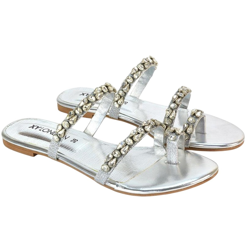 Silver - Front - XY London Womens-Ladies Sammie Crystal Sparkly Toe Post Strappy Flat Sandals