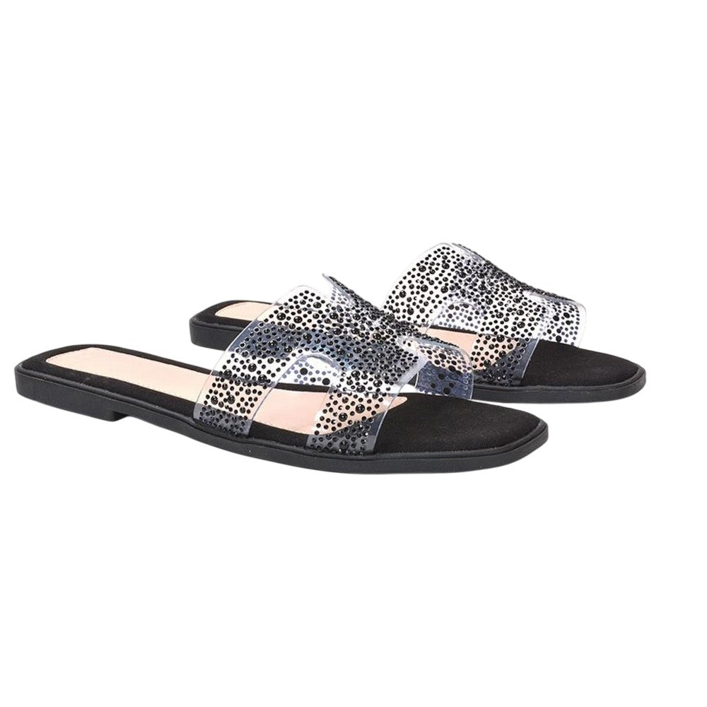 Black - Side - XY London Womens-Ladies Patsy Diamante Square Toe Sandals