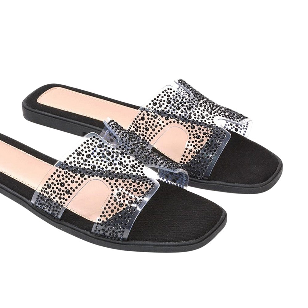 Black - Close up - XY London Womens-Ladies Patsy Diamante Square Toe Sandals