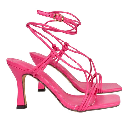 Pink - Side - XY London Womens-Ladies Carys Strappy Lace Up Stiletto Heel Sandals