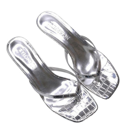 Silver - Close up - XY London Womens-Ladies Jane Toe Post Low Kitten Heel Mule Sandals