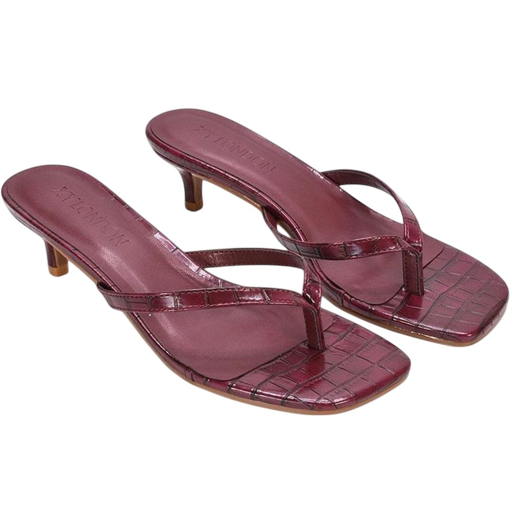 Burgundy - Front - XY London Womens-Ladies Jane Toe Post Low Kitten Heel Mule Sandals