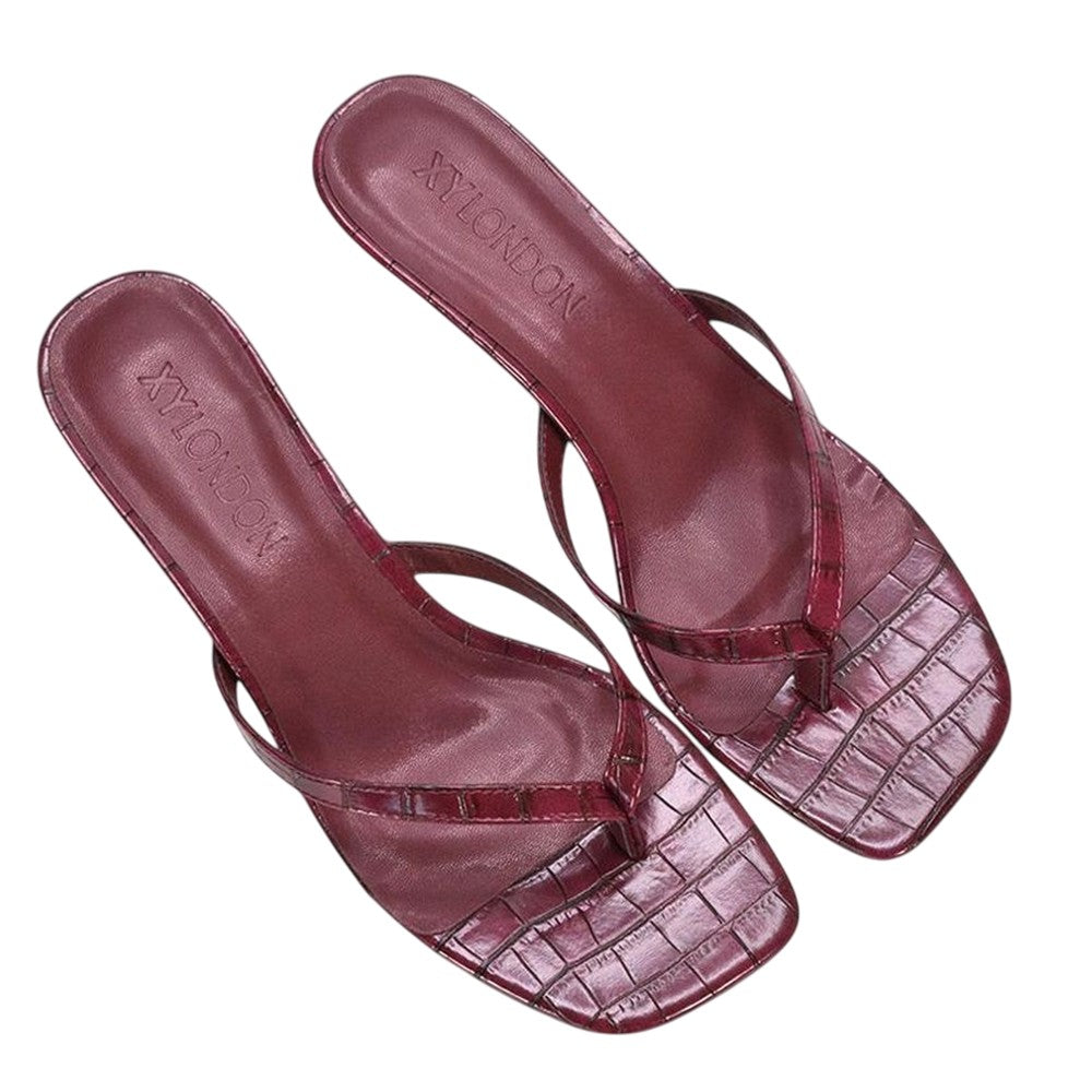 Burgundy - Close up - XY London Womens-Ladies Jane Toe Post Low Kitten Heel Mule Sandals