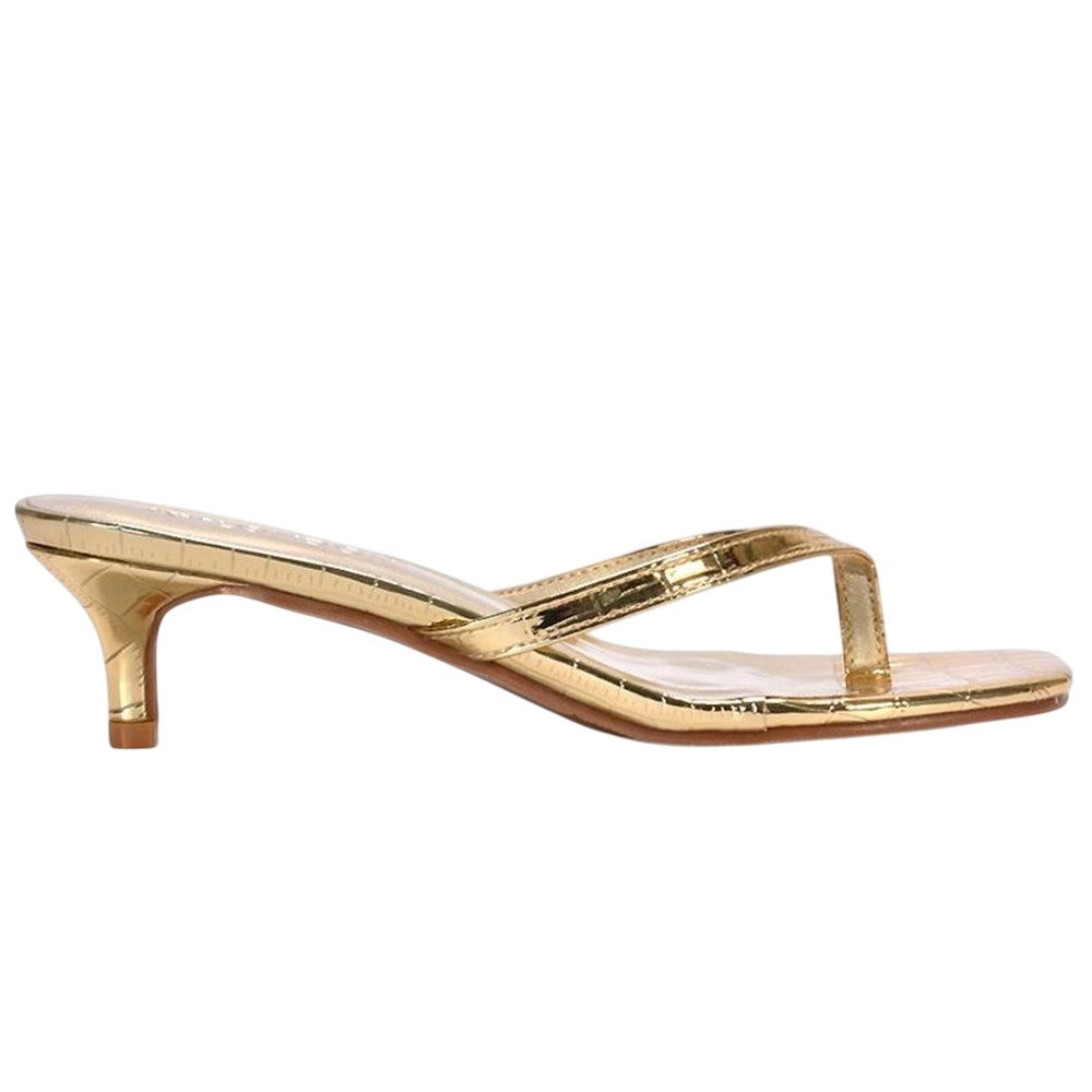Gold - Side - XY London Womens-Ladies Jane Toe Post Low Kitten Heel Mule Sandals