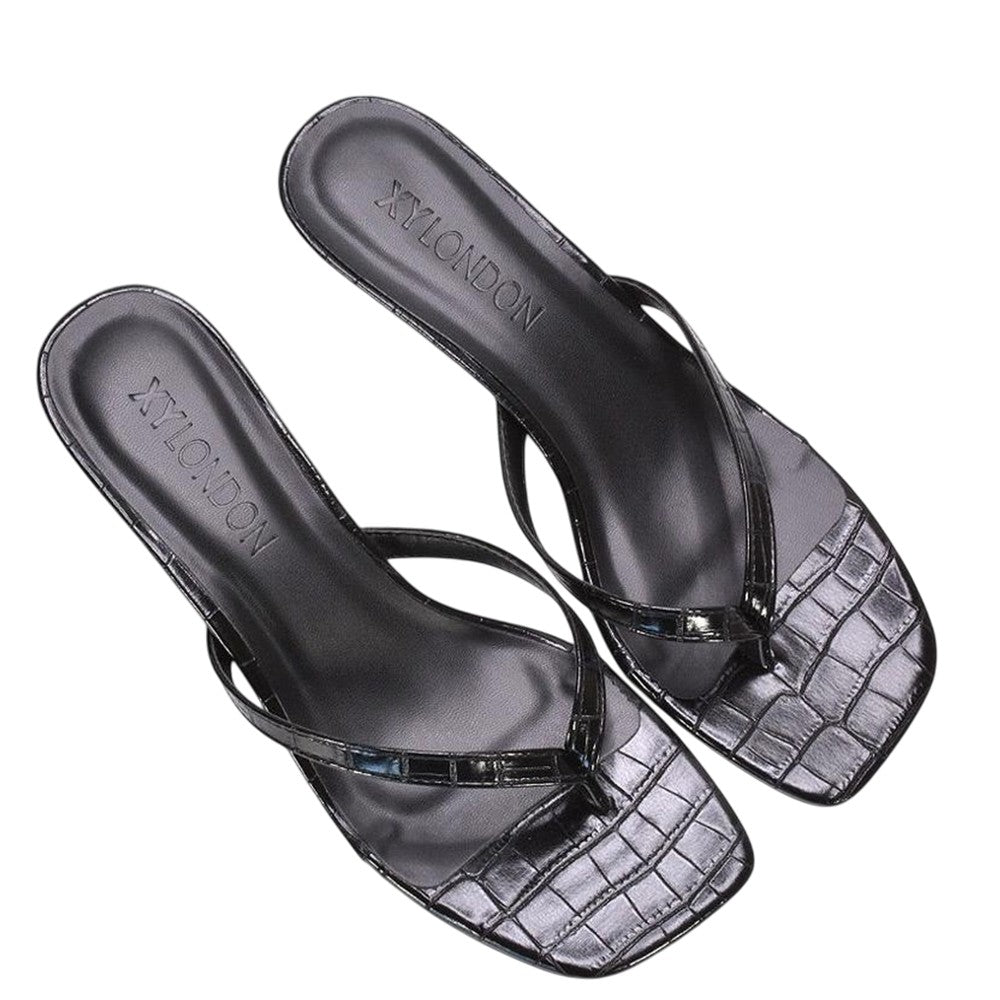 Black - Close up - XY London Womens-Ladies Jane Toe Post Low Kitten Heel Mule Sandals