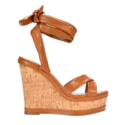 Tan - Lifestyle - XY London Womens-Ladies Kammie Cork Lace Up Strappy Wedge Sandals