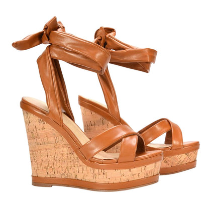 Tan - Side - XY London Womens-Ladies Kammie Cork Lace Up Strappy Wedge Sandals