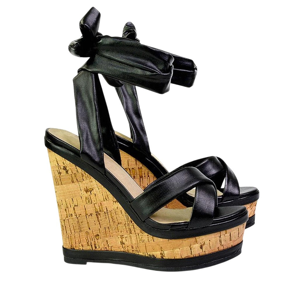 Black - Side - XY London Womens-Ladies Kammie Cork Lace Up Strappy Wedge Sandals