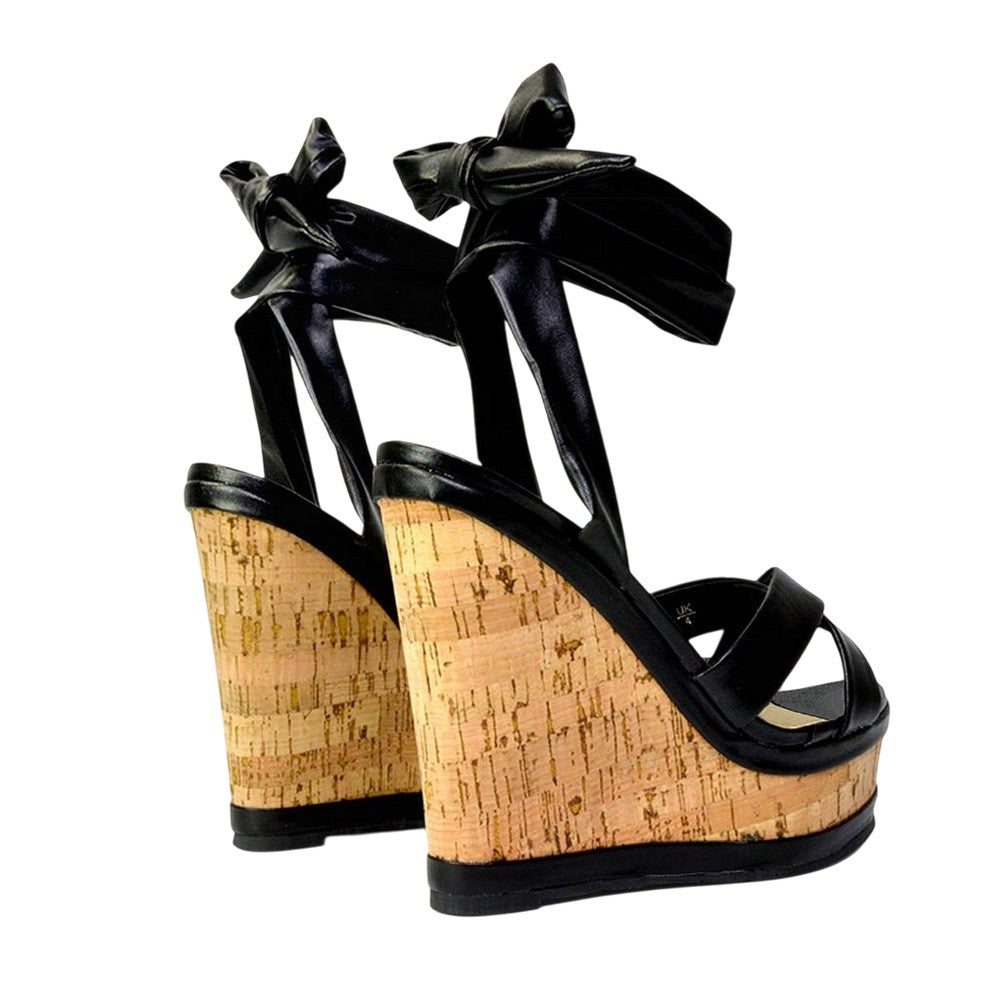 Black - Back - XY London Womens-Ladies Kammie Cork Lace Up Strappy Wedge Sandals