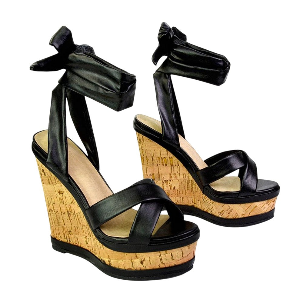 Black - Front - XY London Womens-Ladies Kammie Cork Lace Up Strappy Wedge Sandals
