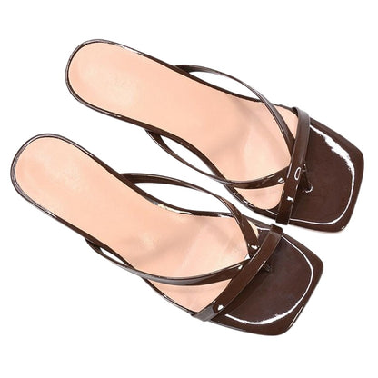 Brown - Close up - XY London Womens-Ladies Tiana Square Toe Mid Kitten Heel Mule Sandals