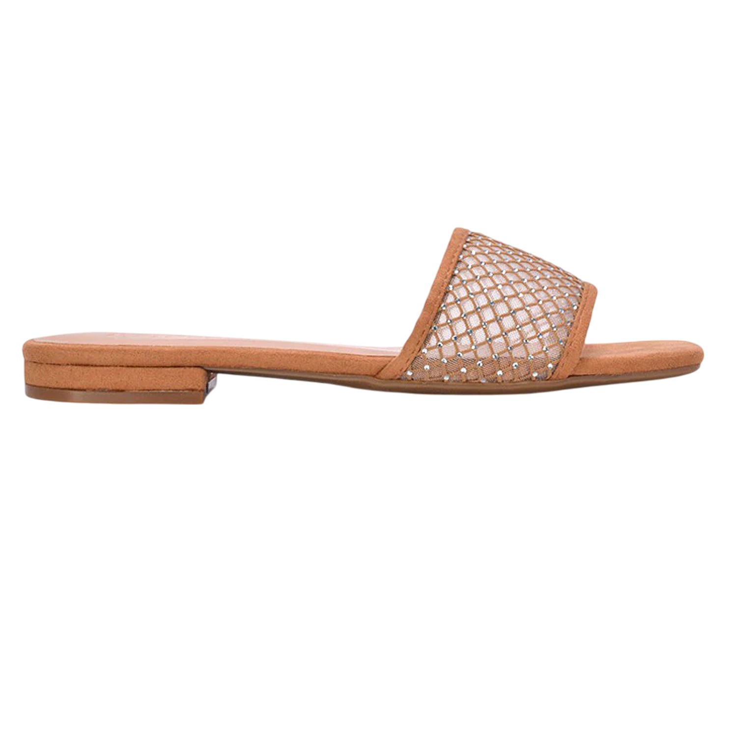 Beige - Back - XY London Womens-Ladies Gabrielle Diamante Open Toe Flat Sliders