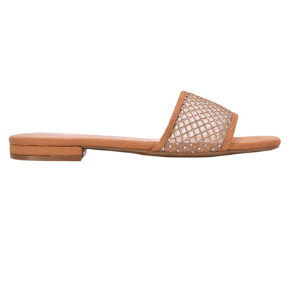 Beige - Back - XY London Womens-Ladies Gabrielle Diamante Open Toe Flat Sliders