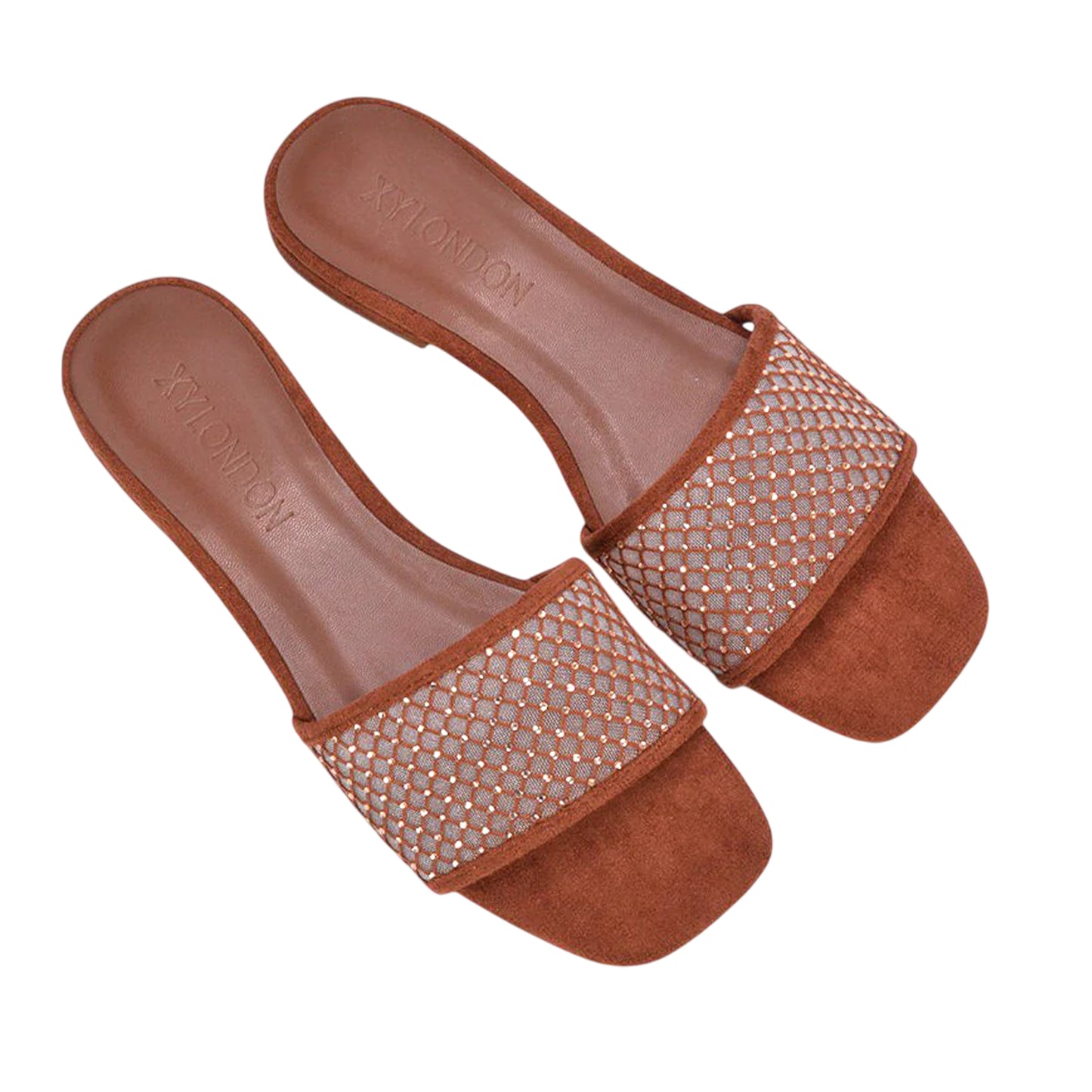 Brown - Side - XY London Womens-Ladies Gabrielle Diamante Open Toe Flat Sliders