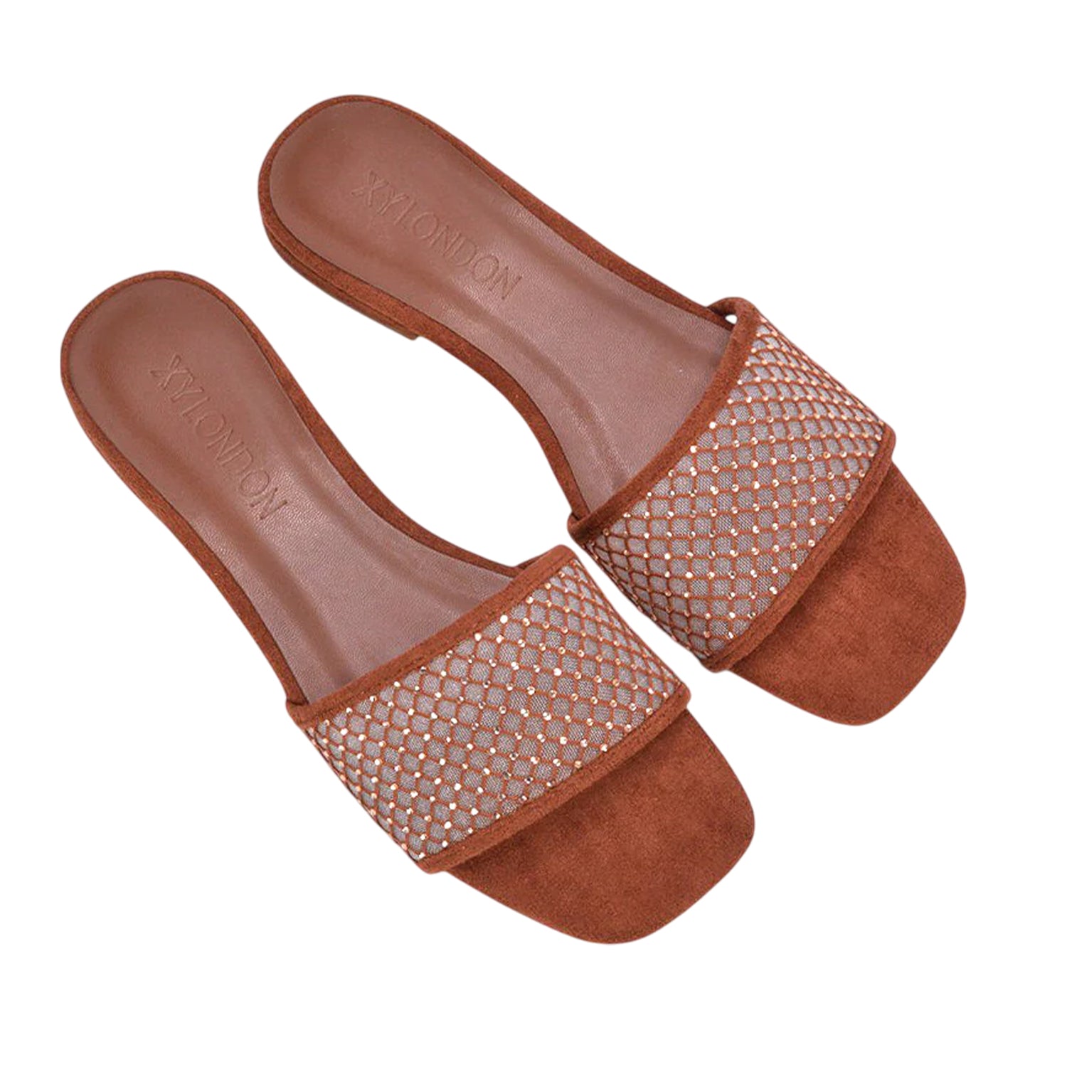 Brown - Side - XY London Womens-Ladies Gabrielle Diamante Open Toe Flat Sliders
