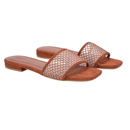 Brown - Lifestyle - XY London Womens-Ladies Gabrielle Diamante Open Toe Flat Sliders