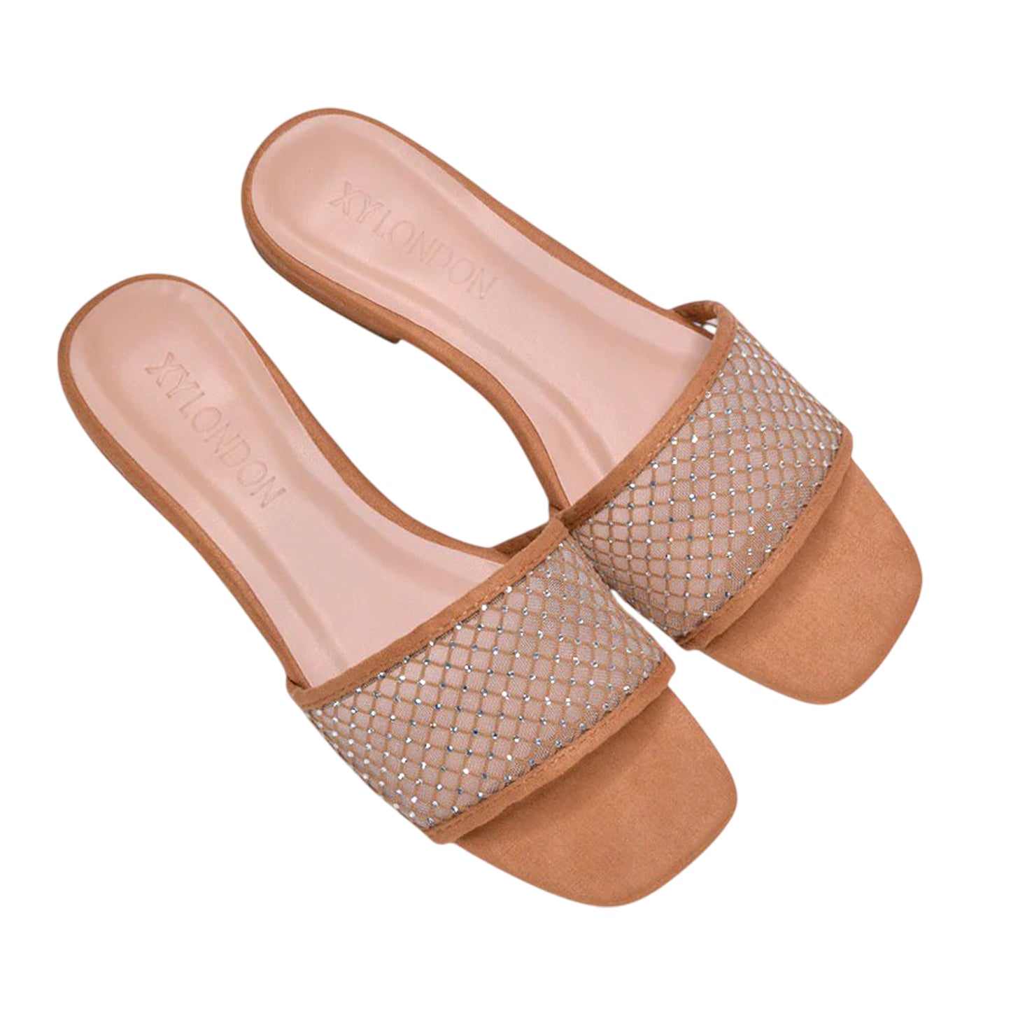 Beige - Side - XY London Womens-Ladies Gabrielle Diamante Open Toe Flat Sliders
