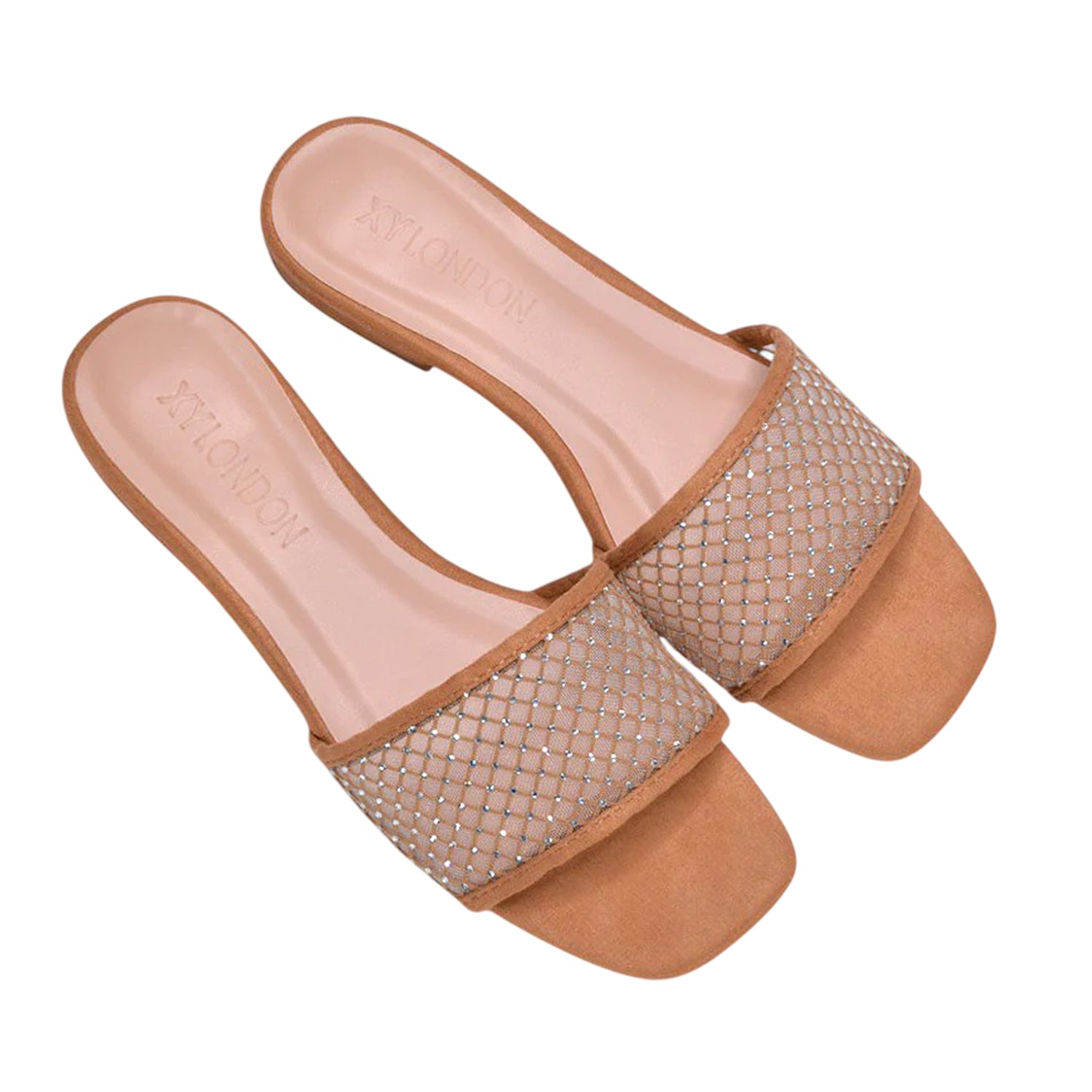 Beige - Side - XY London Womens-Ladies Gabrielle Diamante Open Toe Flat Sliders