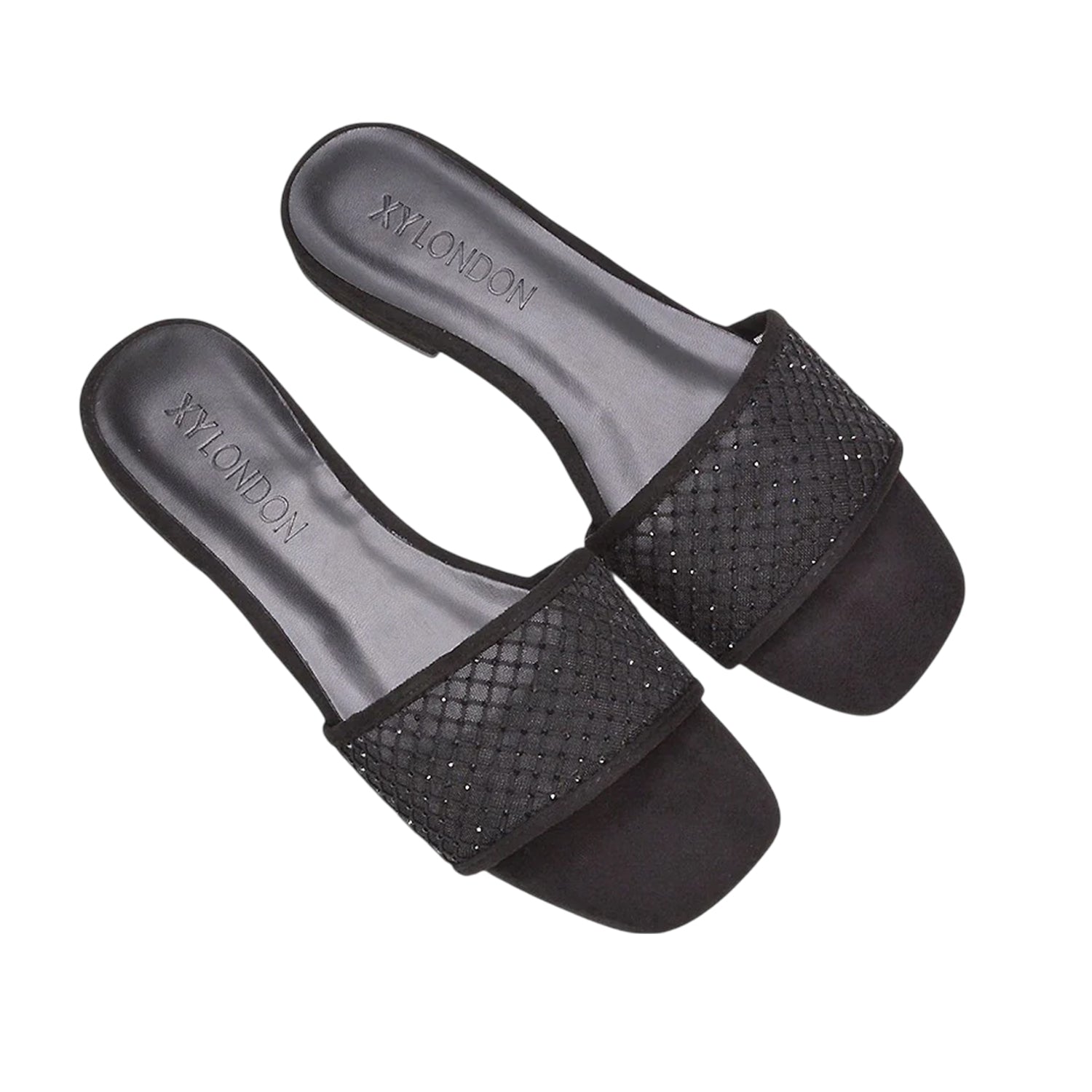 Black - Side - XY London Womens-Ladies Gabrielle Diamante Open Toe Flat Sliders