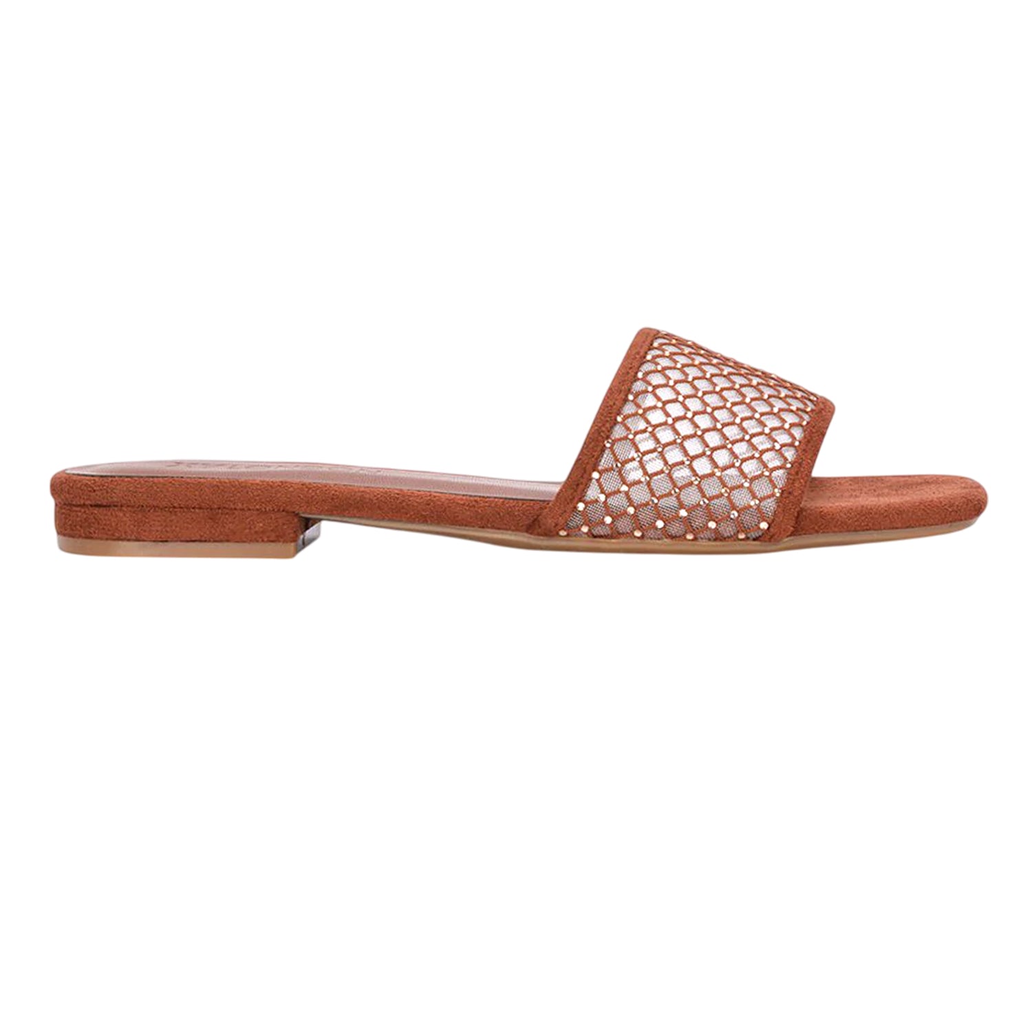 Brown - Back - XY London Womens-Ladies Gabrielle Diamante Open Toe Flat Sliders