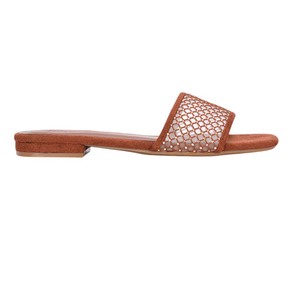 Brown - Back - XY London Womens-Ladies Gabrielle Diamante Open Toe Flat Sliders