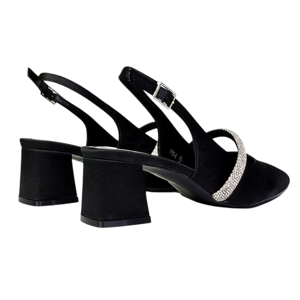 Black - Back - XY London Womens-Ladies Sandie Diamante Sling Back Medium Block Heel Sandals