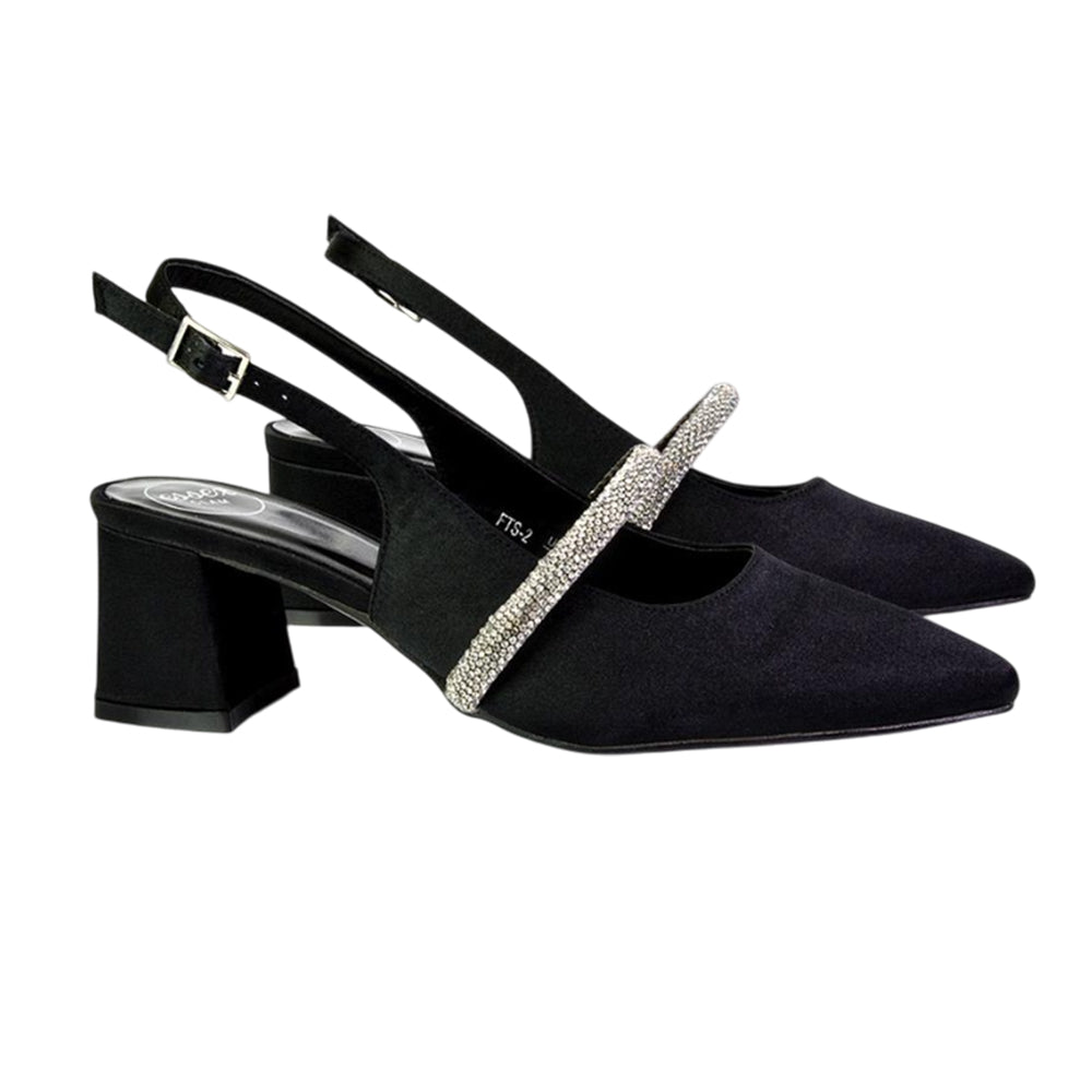 Black - Side - XY London Womens-Ladies Sandie Diamante Sling Back Medium Block Heel Sandals