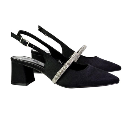 Black - Side - XY London Womens-Ladies Sandie Diamante Sling Back Medium Block Heel Sandals